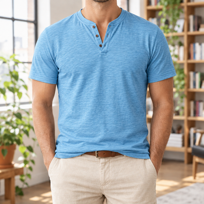 Nolan Slub-Texture Henley Tee - Blue, worn
