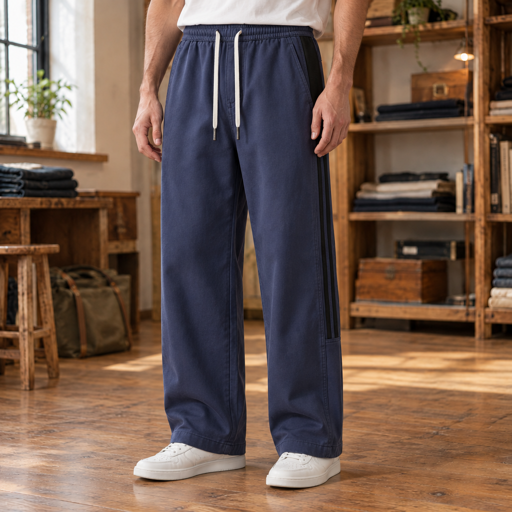 Trevor Side-Panel Drawstring Pants - Navy Blue, worn, full length