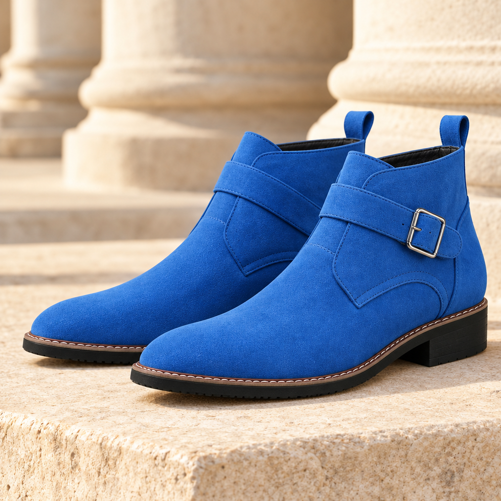 Shane Suede-Look Buckle Ankle Boots - Blue, full pair
