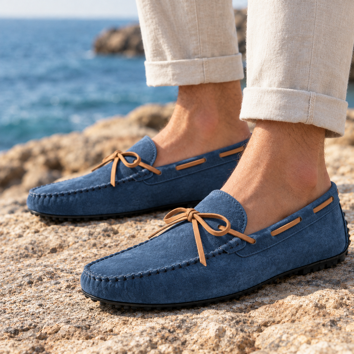 Spencer Suede Driving Moccasins - Blue, worn pair
