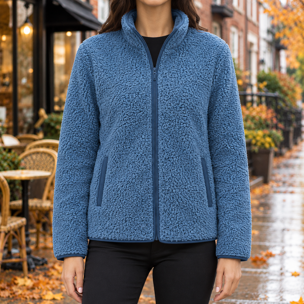 Ellie Piped Teddy Zip Jacket - Blue, worn, full jacket