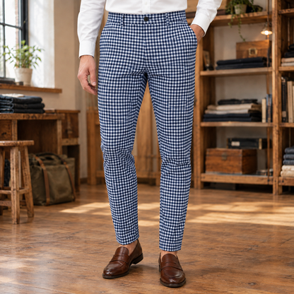 Fenwick Micro-Check Slim Trousers — Blue, worn, full trousers