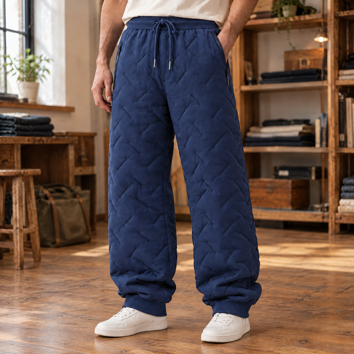 Dylan Quilted Sherpa-Lined Joggers - Navy, worn, full pants