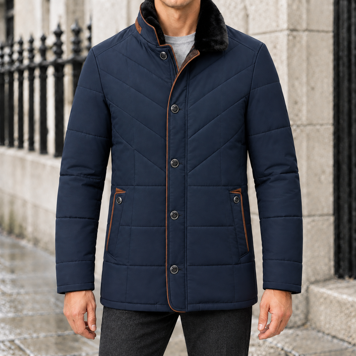 Douglas Chevron-Quilted Plush-Collar Coat - Royal Blue, worn