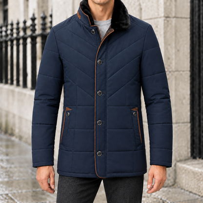 Douglas Chevron-Quilted Plush-Collar Coat - Royal Blue, worn