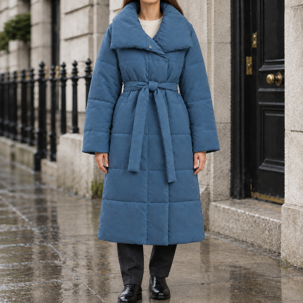 Megan Wrap-Collar Puffer Coat - Blue, worn, full coat
