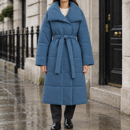 Megan Wrap-Collar Puffer Coat - Blue, worn, full coat