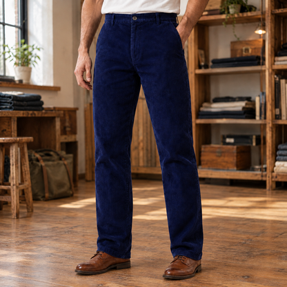 Elliott Wide-Wale Corduroy Trousers - Blue, worn, full length