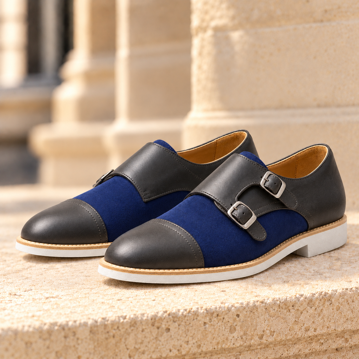 Spencer Two-Tone Double Monk Shoes - Charcoal & Blue, full pair