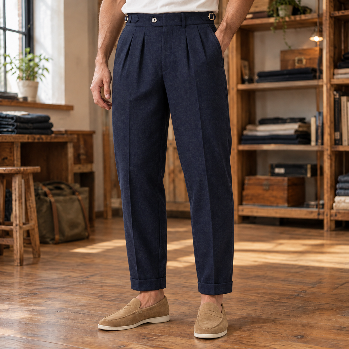 Wexford Pleated Side-Buckle Trousers - Blue, worn, full trousers