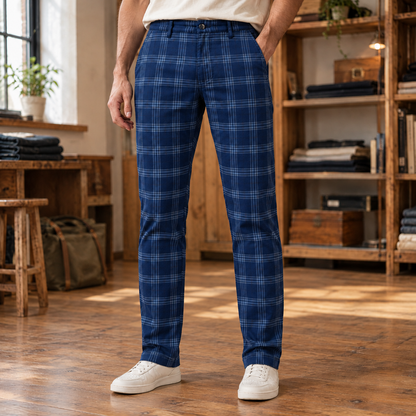 Harrison Plaid Stretch Slim Trousers - Blue, worn, full trousers