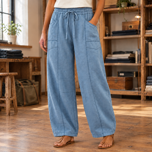 Willa Topstitched Barrel-Leg Pants - Blue, worn, full pants