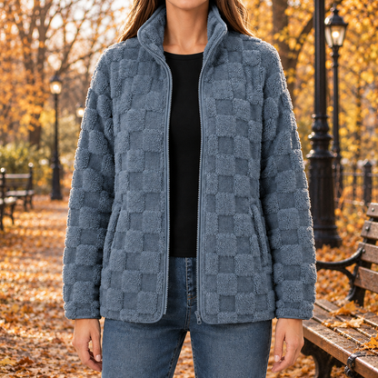 Haley Checkered Plush Zip Jacket - Blue, worn