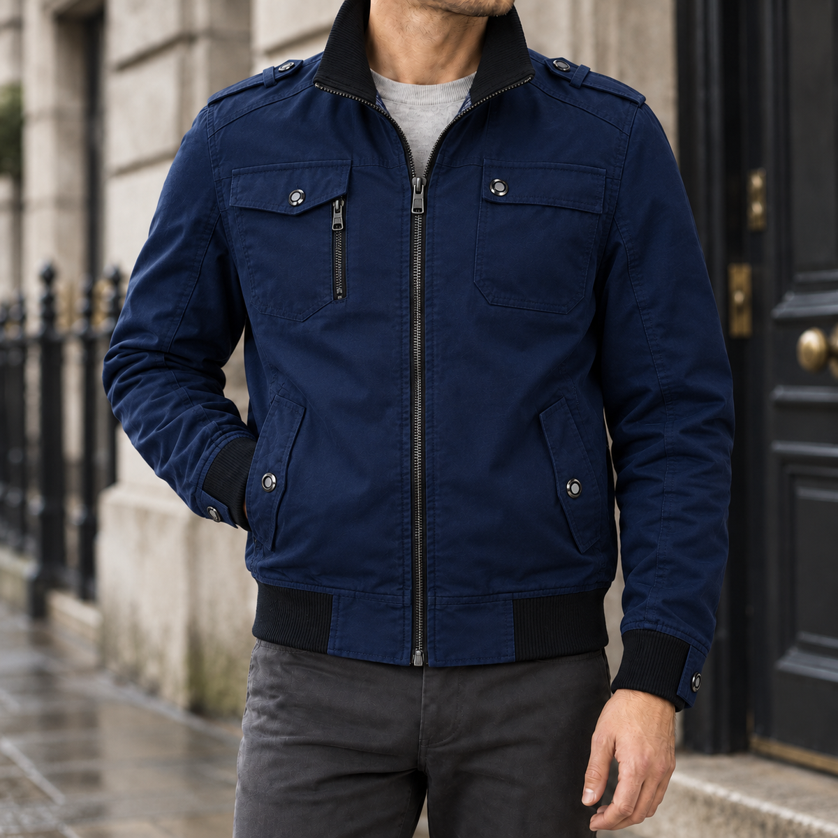 Corvin Cotton Military Jacket — Blue, worn, full jacket