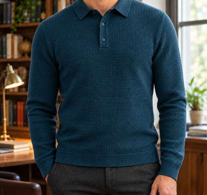 Thomas Basketweave Long-Sleeve Polo - Blue, worn, full polo