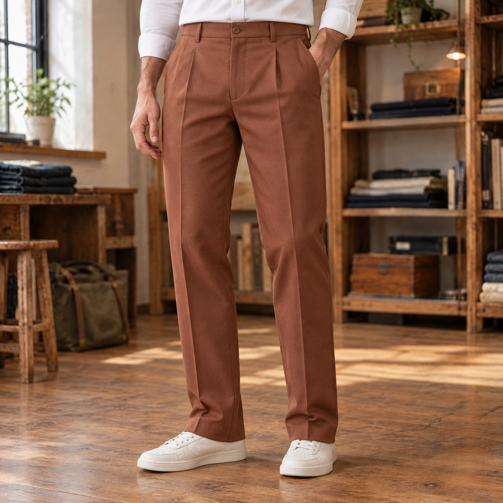 Mitchell Pleated Slim Dress Pants - Brown, worn, full pants