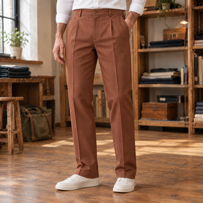 Mitchell Pleated Slim Dress Pants - Brown, worn, full pants