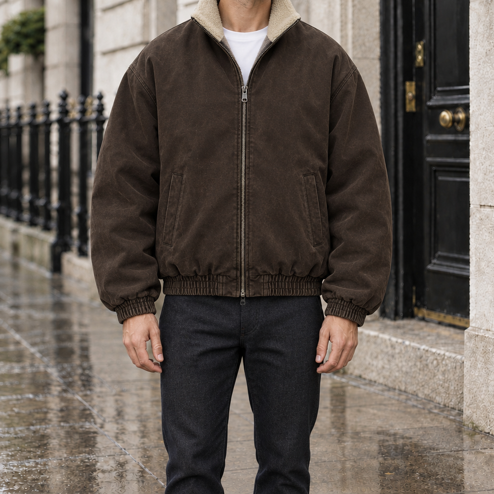 Derek Fleece-Lined Canvas Jacket - Brown, worn