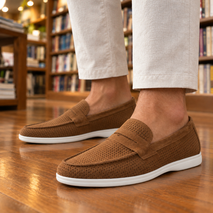 Grant Perforated Suede Penny Loafers - Brown, worn pair