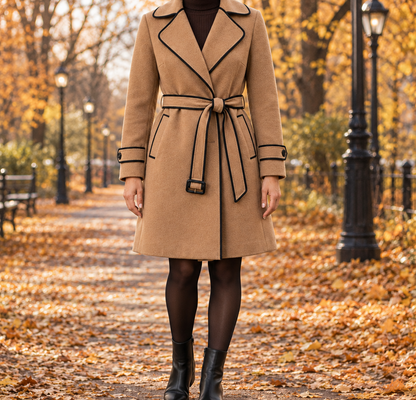 Amanda Piped Wool-Blend Belted Coat - Brown, worn