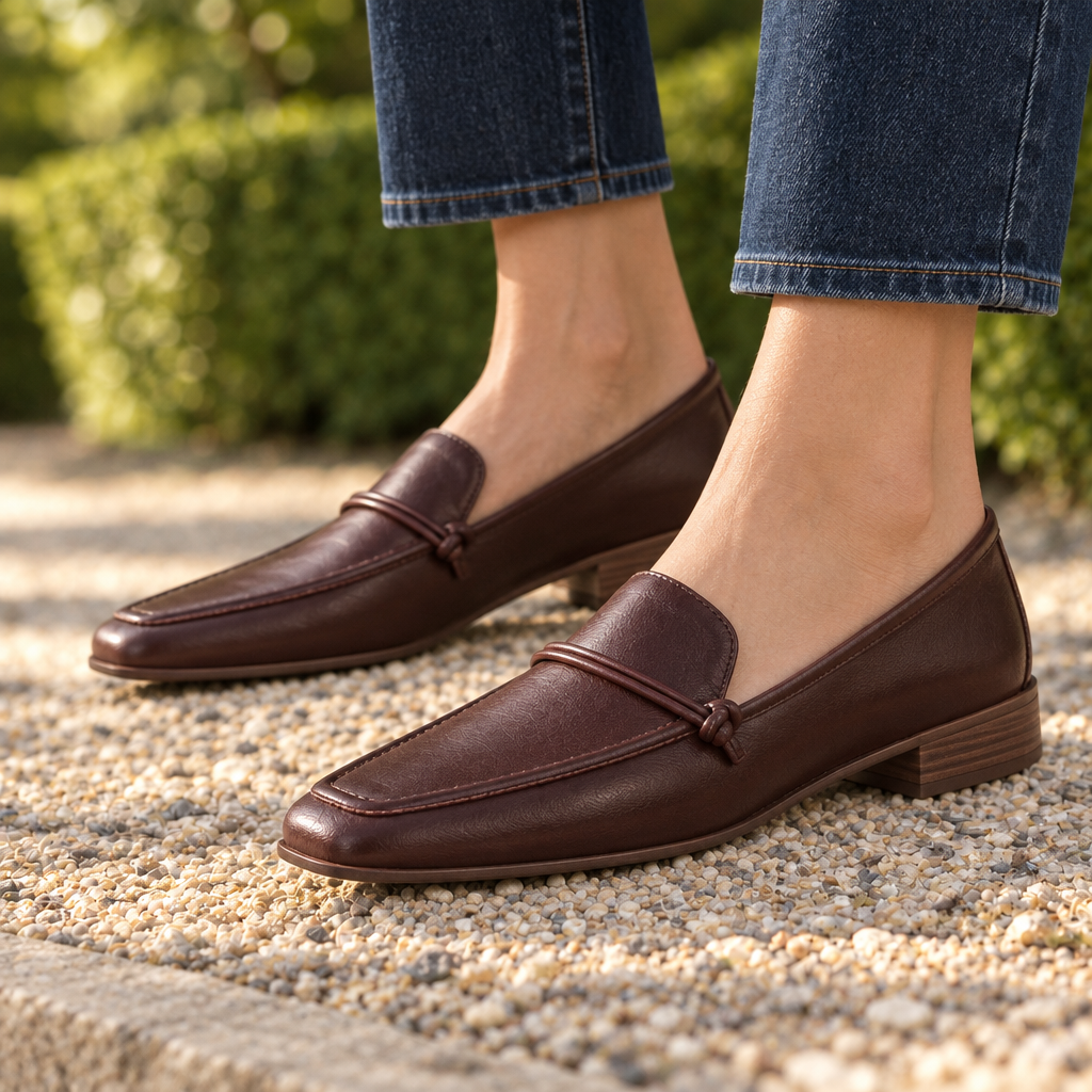 Laura Knotted-Cord Square-Toe Loafers - Brown, worn pair