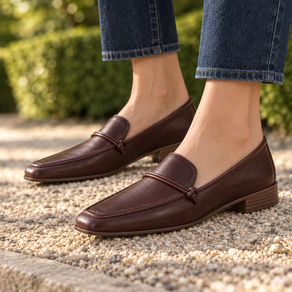 Laura Knotted-Cord Square-Toe Loafers - Brown, worn pair