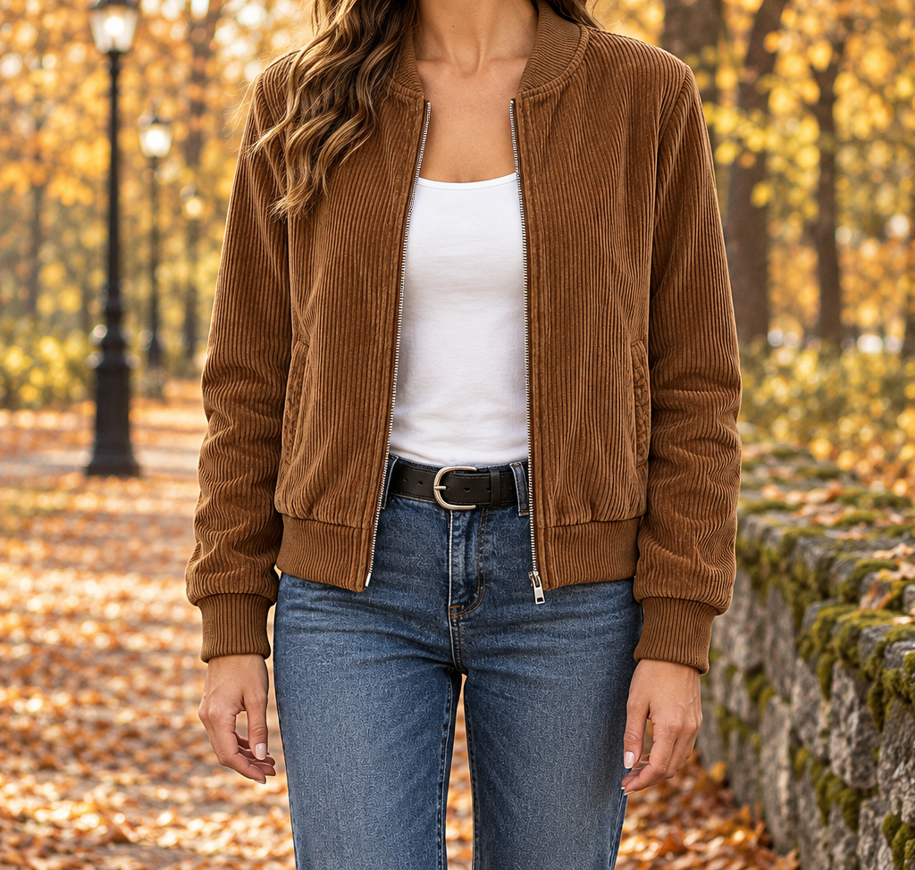 Kayla Corduroy Zip Bomber Jacket - Brown, worn, full jacket