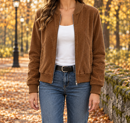 Kayla Corduroy Zip Bomber Jacket - Brown, worn, full jacket