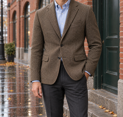 Edward Herringbone Two-Button Blazer - Brown, worn, full blazer