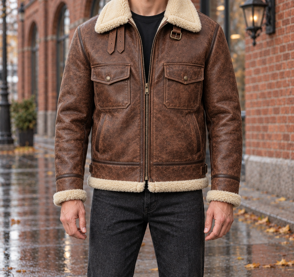Logan Faux-Shearling Aviator Jacket - Dark Brown, worn, full jacket