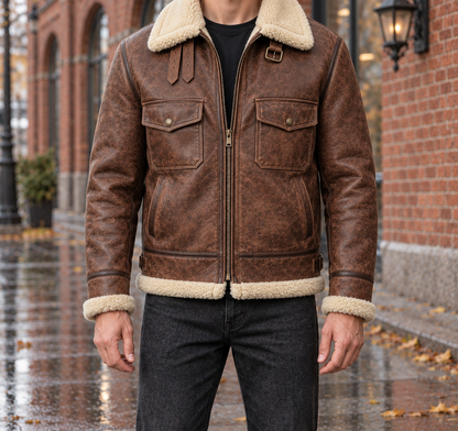 Logan Faux-Shearling Aviator Jacket - Dark Brown, worn, full jacket