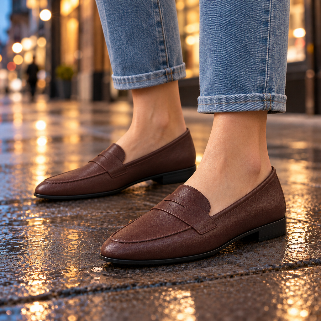 Grace Faux-Leather Penny Loafers - Brown, worn pair