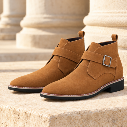 Shane Suede-Look Buckle Ankle Boots - Brown, full pair