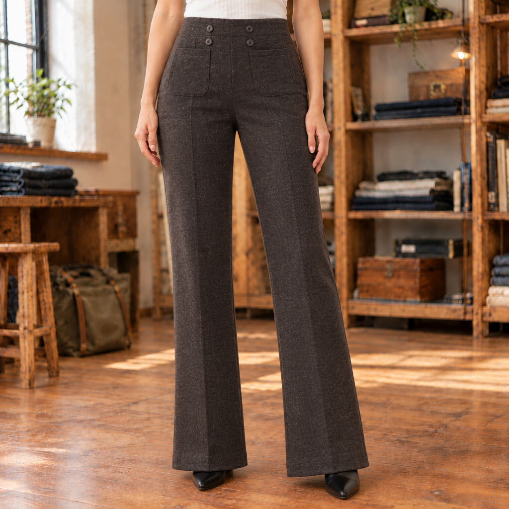 Lauren Fleece-Lined Bootcut Trousers - Brown, worn, full trousers