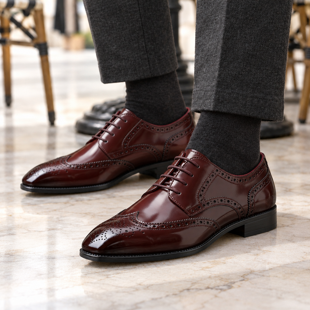 Stuart High-Shine Wingtip Brogues - Brown, worn pair