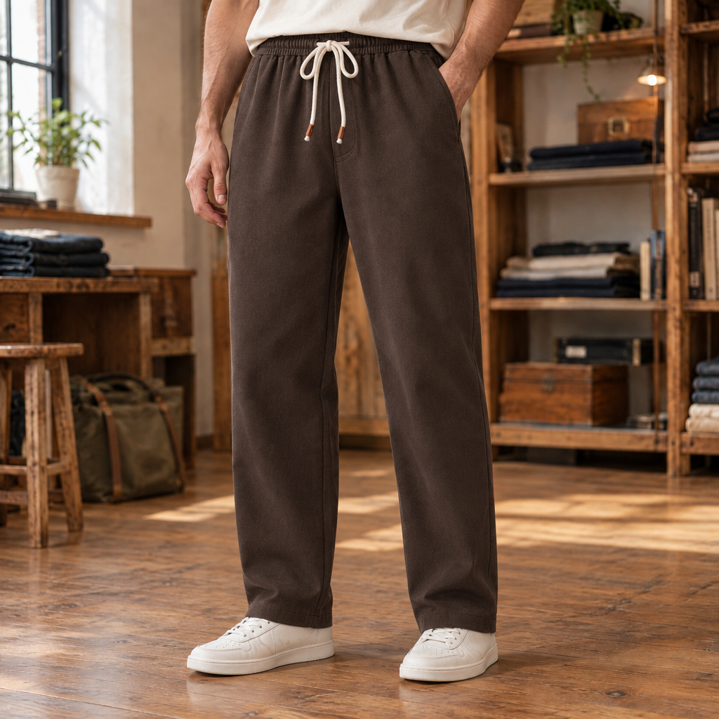 Shane Brushed Twill Drawstring Pants - Dark Brown, worn, full pants