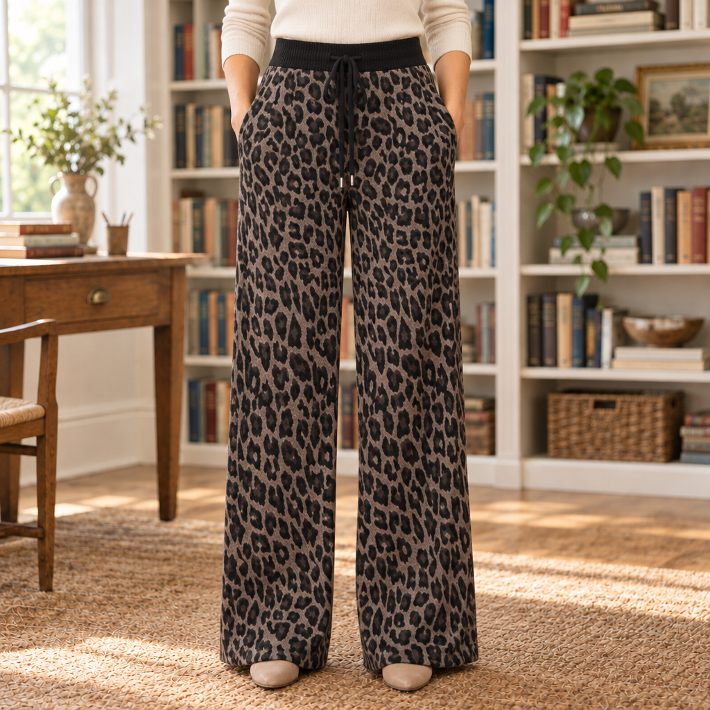 Kate Leopard Drawstring Wide-Leg Pants - Brown, worn, full pants