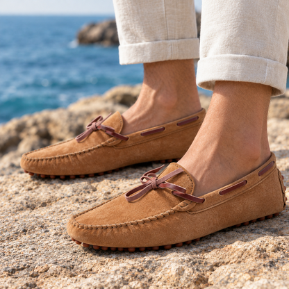 Spencer Suede Driving Moccasins - Brown, worn pair
