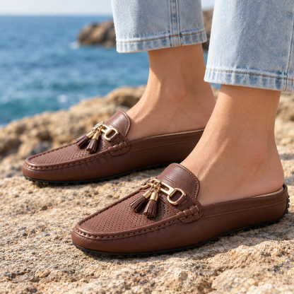 Anna Perforated Tassel Loafer Mules - Brown, worn pair