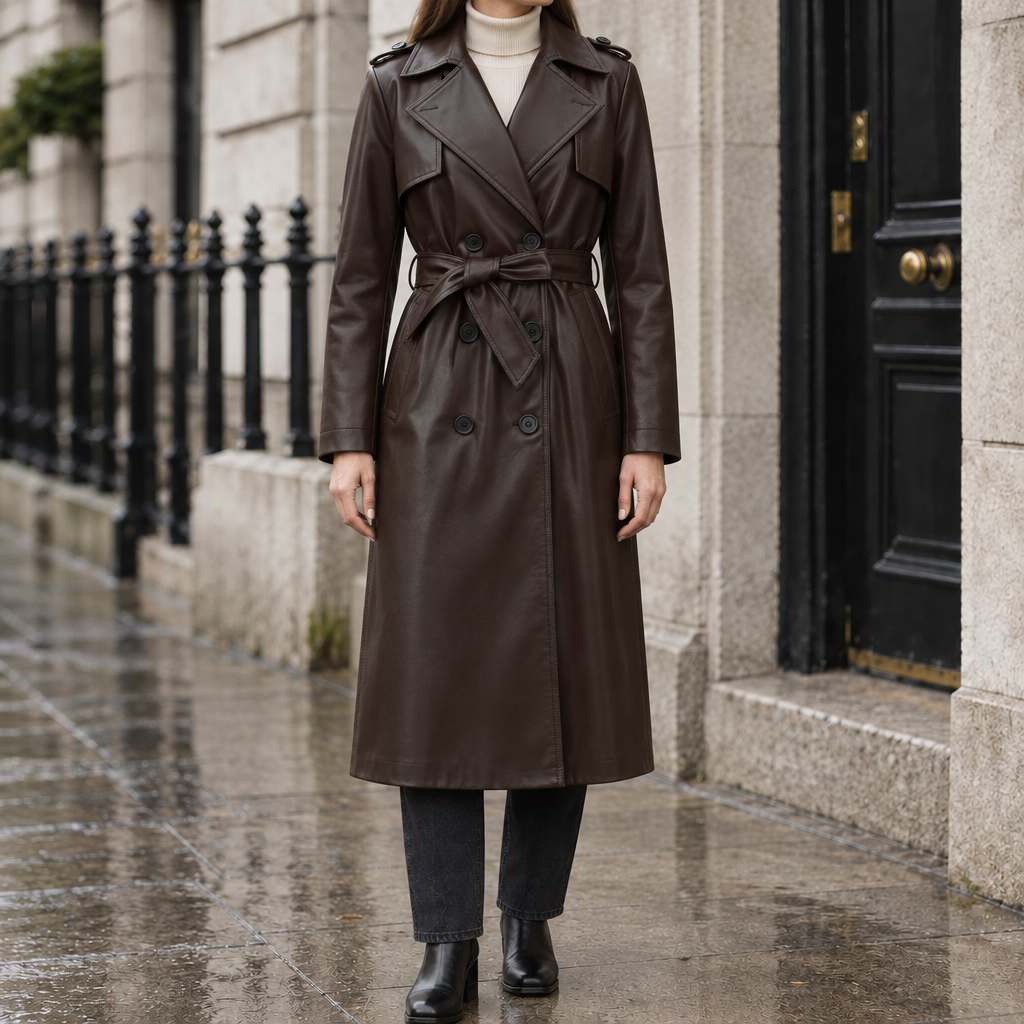 Vanessa Faux-Leather Belted Trench Coat - Brown, worn, full length