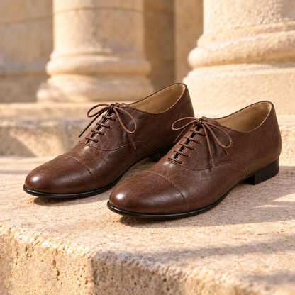 Audrey Cap-Toe Leather Oxford Flats - Brown, full pair