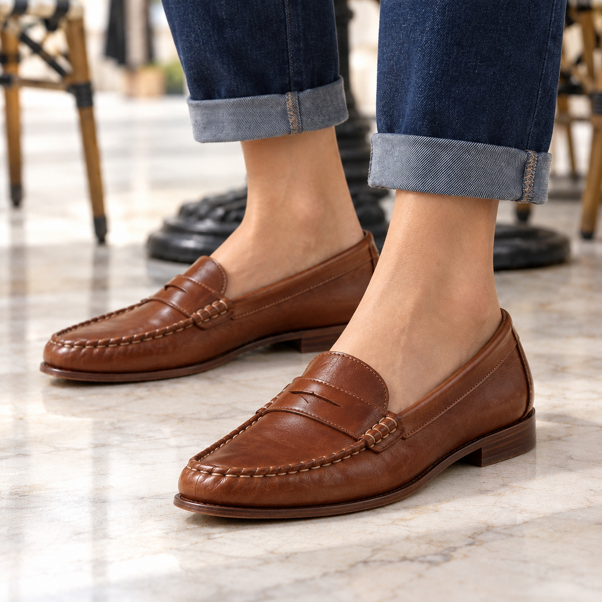 Lucy Moc-Stitched Leather Penny Loafers - Brown, worn pair