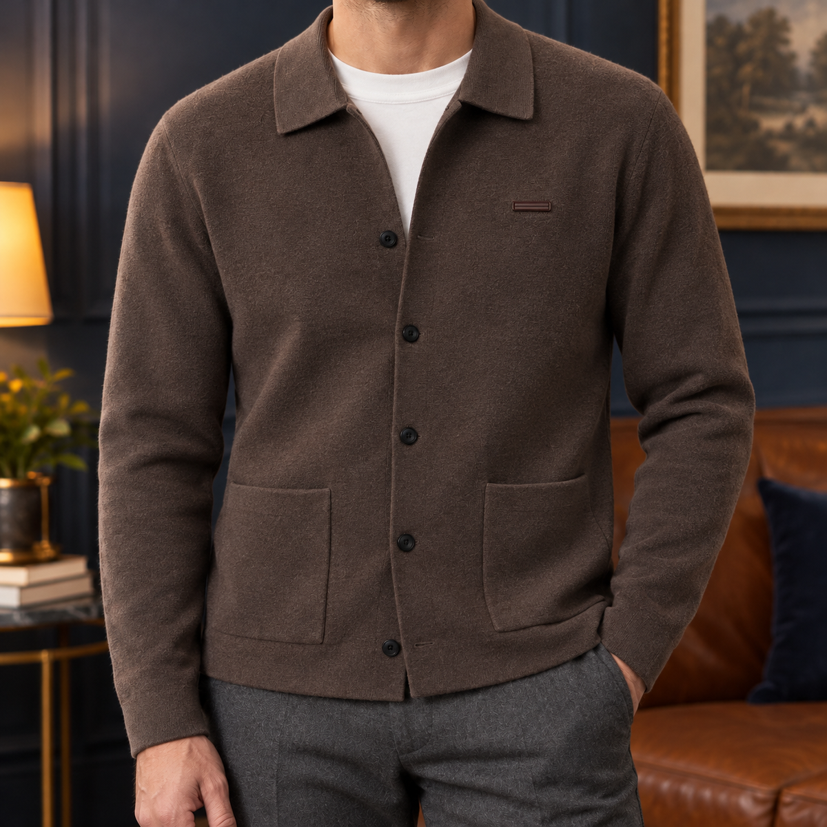 Philip Collared Knit Polo Cardigan - Brown, worn, full cardigan
