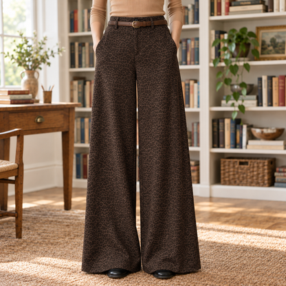 Sophia Leopard Faux-Suede Wide-Leg Trousers - Brown, worn, full length