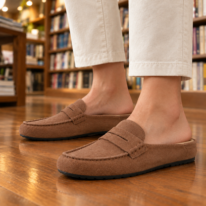 Amy Suede Penny Loafer Mules - Brown, worn pair