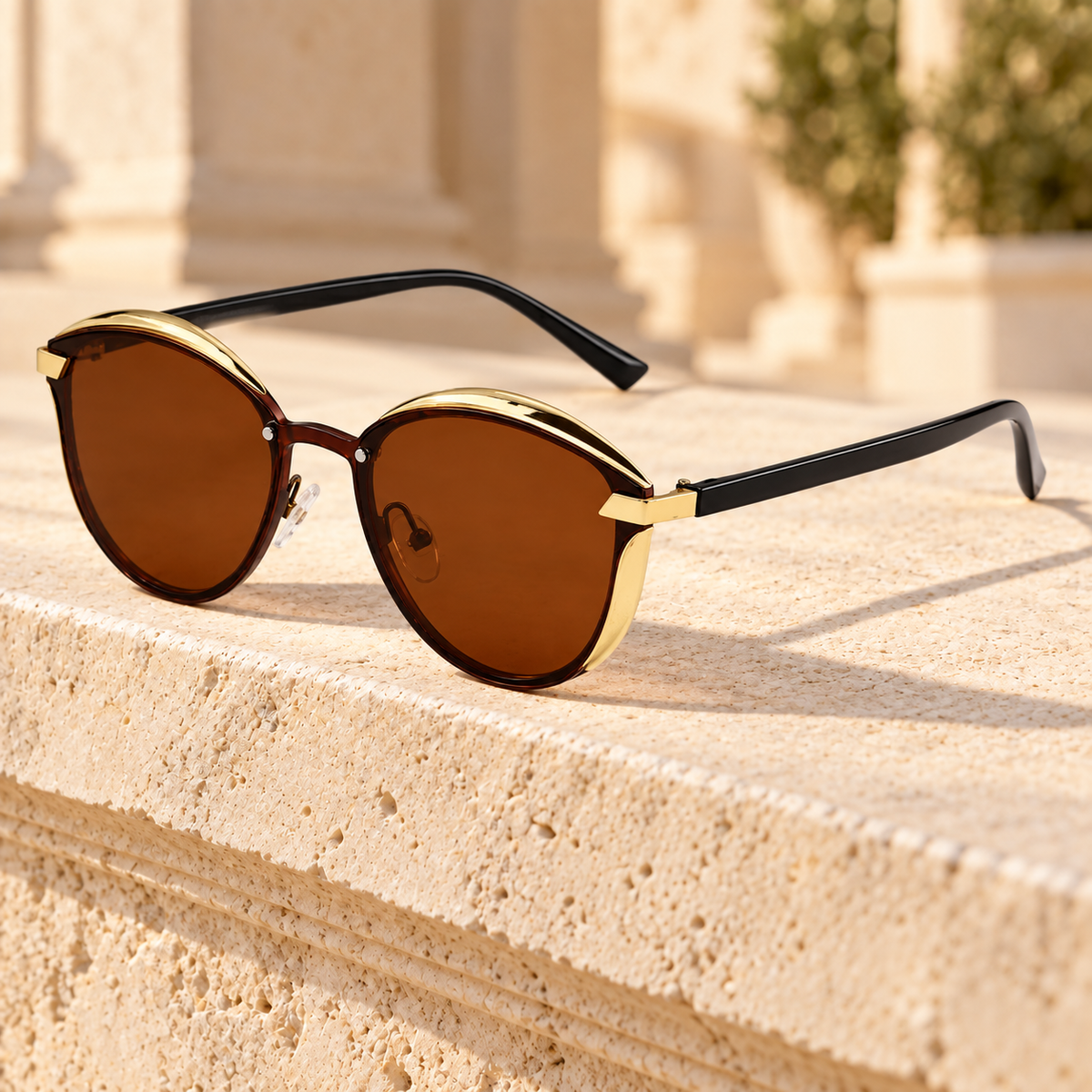 Grace Metal-Brow Cat-Eye Sunglasses — Black/Brown, full frame