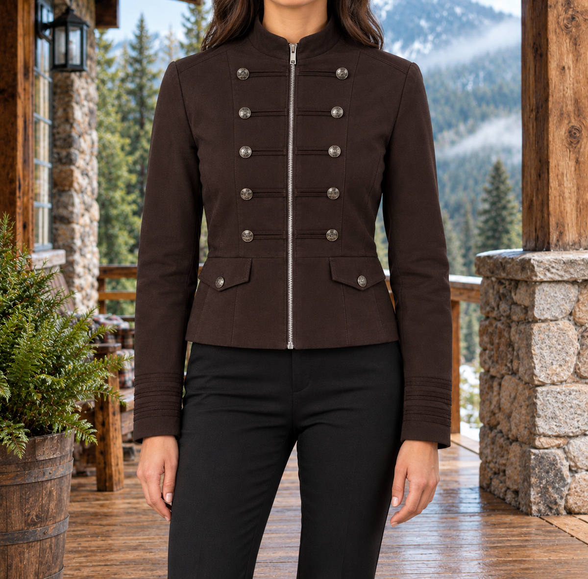 Alyssa Stand-Collar Military Jacket - Dark Brown, worn, full jacket