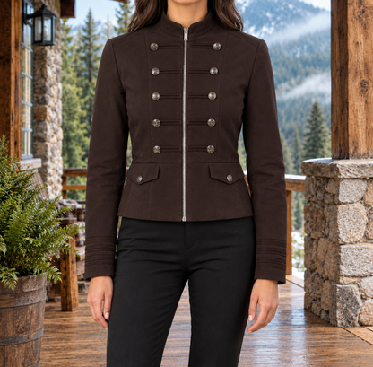 Alyssa Stand-Collar Military Jacket - Dark Brown, worn, full jacket