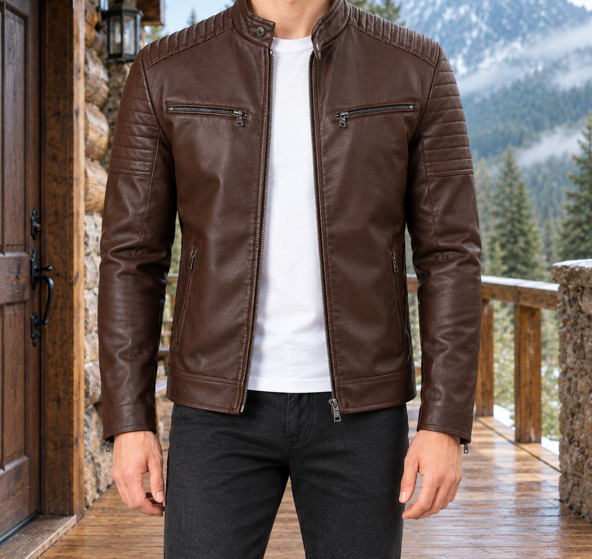 Bryce Quilted-Shoulder Faux-Leather Jacket - Dark Brown, worn, full jacket