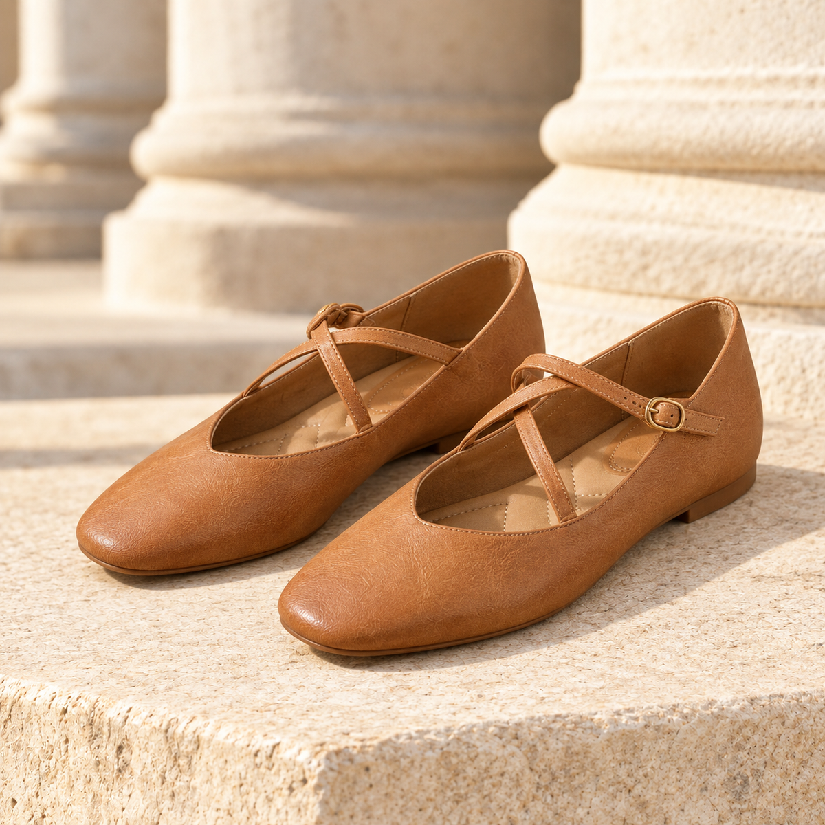 Rose Cross-Strap Mary Jane Flats - Brown, full pair